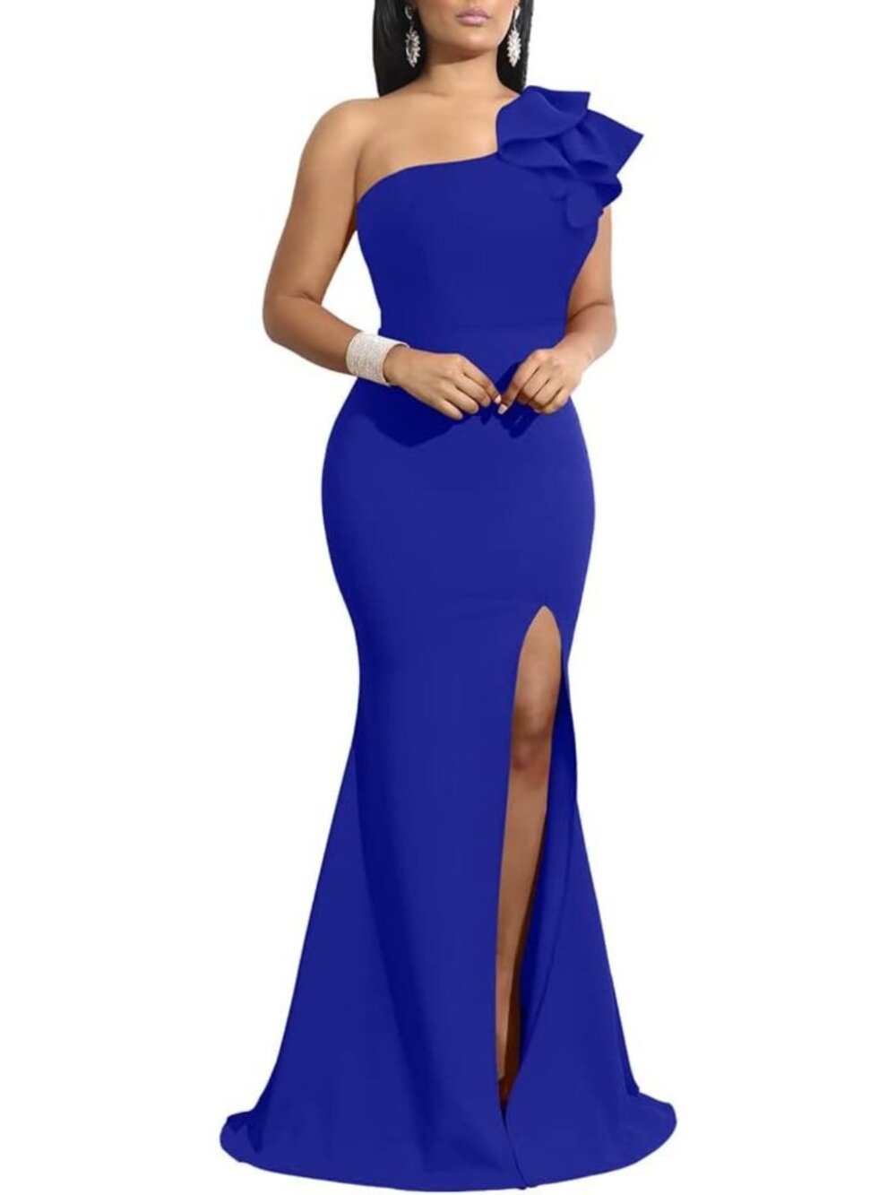 Royal Blue One Shoulder High Slit Long Formal Evening Prom Party Gown Sz S-XXL